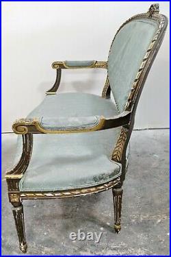 Vintage FRENCH 20th C Louis XVI Style GREEN & GILT Carved SETTEE Chair LOVESEAT