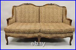Vintage French Country Louis XV Style Carved Walnut Wingback Sofa Settee