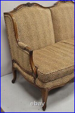 Vintage French Country Louis XV Style Carved Walnut Wingback Sofa Settee