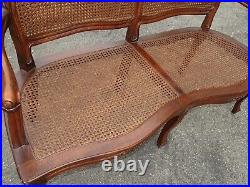 Vintage French Country Petite Cane Two Seater Settee Loveseat w Cushion