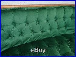 Vintage French Country Tufted Green Velvet Settee Loveseat w Cane