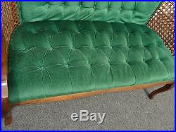 Vintage French Country Tufted Green Velvet Settee Loveseat w Cane