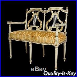 Vintage French Louis XVI Neoclassical Styl Carved Gilt Lyre Back Loveseat Settee