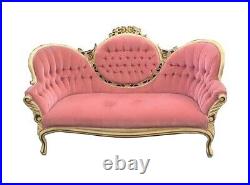 Vintage French Louis XVI Rococo Pink Velvet Tufted Settee Loveseat Victorian