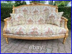 Vintage French Louis XVI Settee Floral Damask Upholstery and Gold Leaf Frame