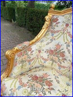 Vintage French Louis XVI Settee Floral Damask Upholstery and Gold Leaf Frame