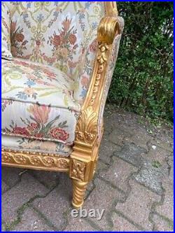 Vintage French Louis XVI Settee Floral Damask Upholstery and Gold Leaf Frame