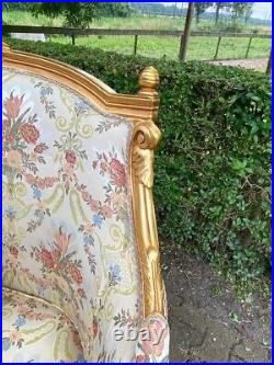 Vintage French Louis XVI Settee Floral Damask Upholstery and Gold Leaf Frame