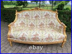 Vintage French Louis XVI Settee Floral Damask Upholstery and Gold Leaf Frame