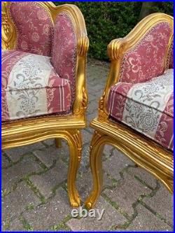 Vintage French Louis XVI Style Sofa Set in Gilded Beech with Striped Damask
