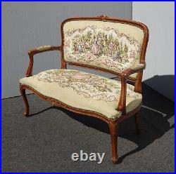 Vintage French Louis XVI Tapestry Style Tan Settee Canape