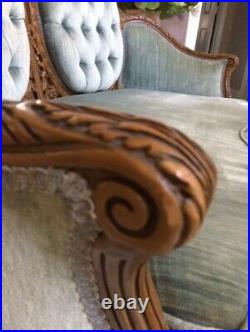 Vintage French Mid Century Victorian Loveseat Sofa Couch Carved Wood Blue Velvet