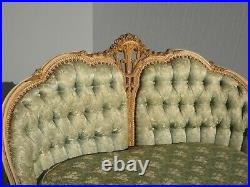 Vintage French Provincial Louis XVI Rococo Green Tufted Down Settee Loveseat