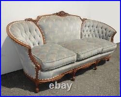 Vintage French Provincial Ornate Louis XVI Rococo Blue Velvet Tufted Settee Sofa