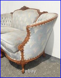 Vintage French Provincial Ornate Louis XVI Rococo Blue Velvet Tufted Settee Sofa