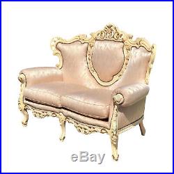 Vintage French Provincial Ornately Carved Loveseat Settee with Pink Upholstery
