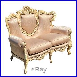Vintage French Provincial Ornately Carved Loveseat Settee with Pink Upholstery