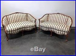 Vintage French Style Carved Wooden Frame Upholstered Settees Pair