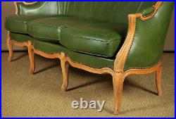 Vintage French Three Seater Green Leather Sofa
