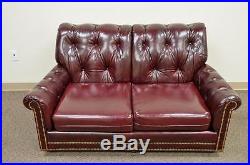 Vintage Hancock & Moore Tufted Red Leather & Vinyl Chesterfield Sofa Loveseat
