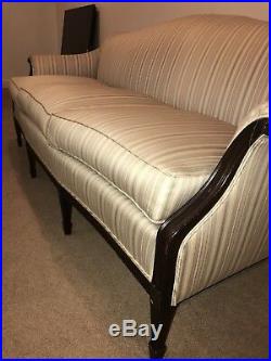 Vintage Henredon Camelback Sofa Carved Fretwork Upholstered Roll Over Arms
