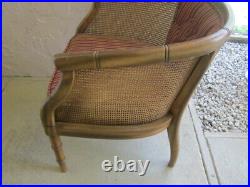 Vintage Hollywood Regency Faux Bamboo Barrel Back Arm Chair Cane Side And Fabric