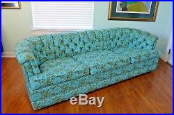 Vintage Howard Parlor Custom Blue Green Floral Sofa Tufted Mid Century Couch MCM