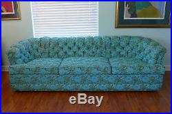 Vintage Howard Parlor Custom Blue Green Floral Sofa Tufted Mid Century Couch MCM