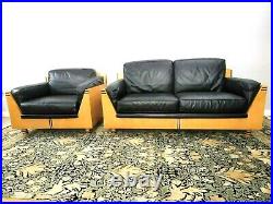 Vintage Italian Settee & Lounge Chair Leather Cushion Birdseye Maple Biedermeier