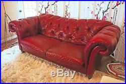 Vintage Italian Wine Red Top Grain Glove Soft Leather Chesterfield Sofa Couch