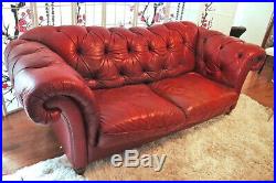 Vintage Italian Wine Red Top Grain Glove Soft Leather Chesterfield Sofa Couch
