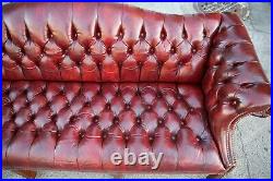 Vintage Leather Chesterfield sofa Hancock and Moore Oxblood tufted seat wood leg