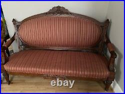Vintage Louis XV French Sofa and Chair Set Upholstered in Red &Gold (As-is)