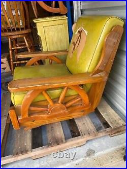 Vintage MCM Western Wagon Wheel Green Furniture Set Includes Couch Chair & Table