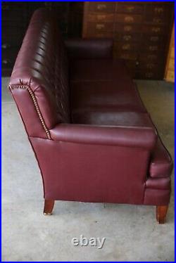 Vintage MCM mid century Sofa Couch Burgundy wood legs leather seat lounge
