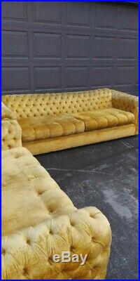Vintage MID Century Golden Yellow Velvet Button Back Chesterfield Sofa Set