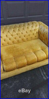 Vintage MID Century Golden Yellow Velvet Button Back Chesterfield Sofa Set