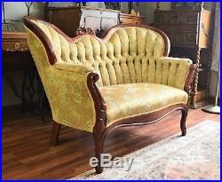 Vintage Mahogany Victorian Style Carved Settee with Tufted Curved Back