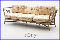 Vintage McGuire Mid-Century Modern Bamboo Target Sofa w Leather Wraps & Cushions