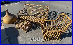 Vintage Mid Century 3 pc McGuire Rawhide Rattan Set Couch Chair Ottoman Huge