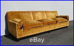 Vintage Mid Century Modern Chinoiserie Gold Velvet Ming Sofa w Asian Motif