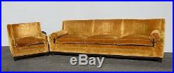Vintage Mid Century Modern Chinoiserie Gold Velvet Ming Sofa w Asian Motif