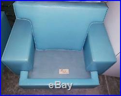 Vintage Mid-Century Modern Couch Sofa & Chair Vinyl Leather White Teal ART DECO