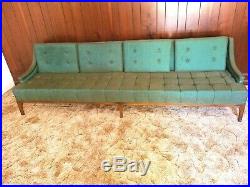 Vintage Mid-Century Modern Sofa Couch Long 8 feet Boulder Fabric Emerald Green