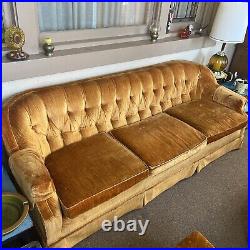 Vintage Mid Century Orange Velour Tufted Sofa Crushed Velvet Couch 1970s