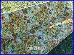 Vintage Mid Century Sofa Couch and Matching Chair Floral Tapestry Wood Legs