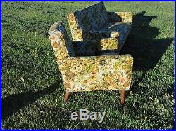 Vintage Mid Century Sofa Couch and Matching Chair Floral Tapestry Wood Legs