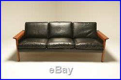 Vintage Mid-century Danish Teak Frame Leather 3 Seat Sofa Free UK Delivery