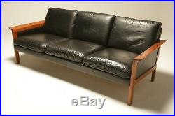 Vintage Mid-century Danish Teak Frame Leather 3 Seat Sofa Free UK Delivery