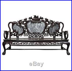 Vintage Oriental Chinese Japanese Dragon Carved Mahogany Marble Back Parlor Sofa